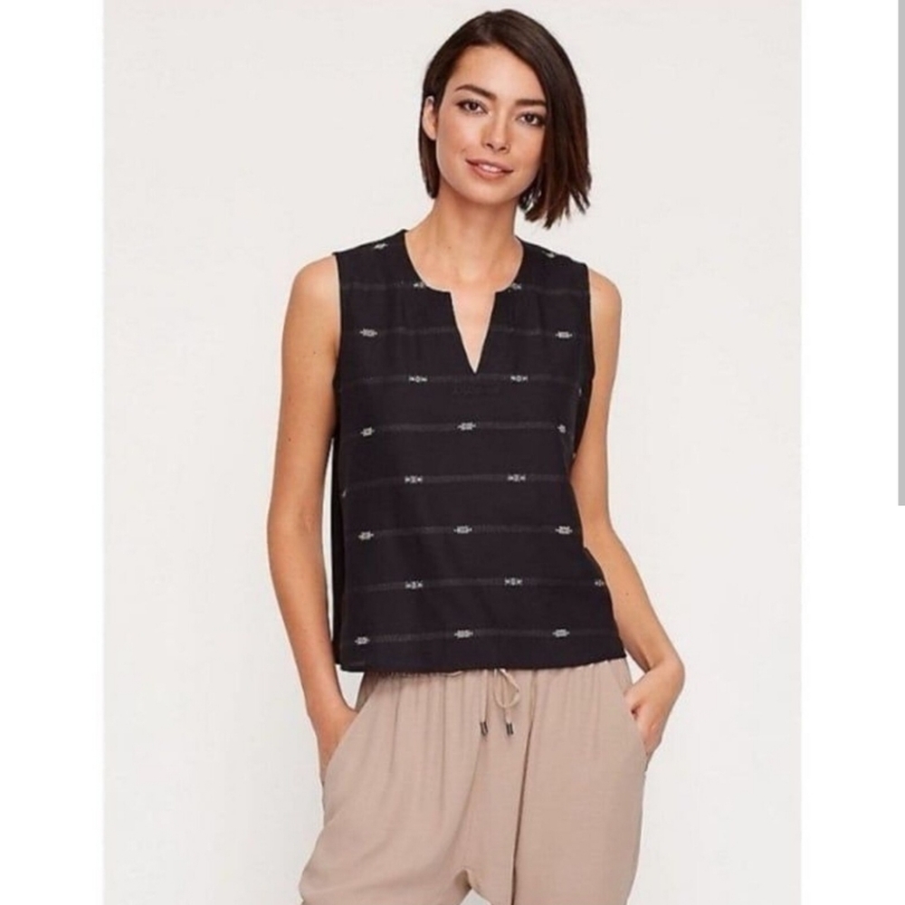 Eileen Fisher Petite Nomadic Stripe Black Split Neck Blouse V-Neck Tank Top